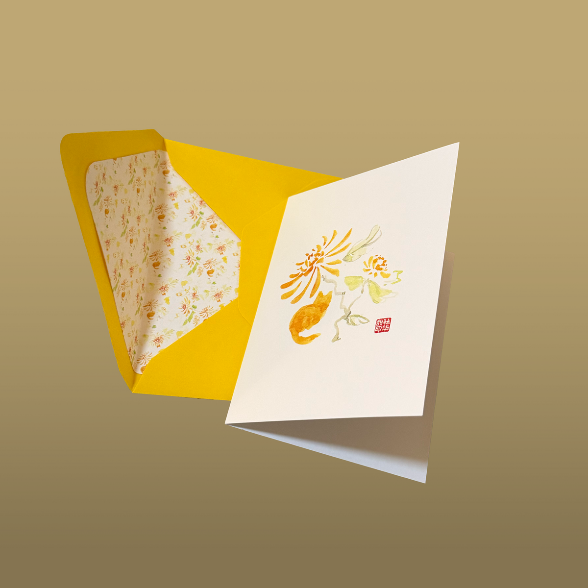 Cats & Chrysanthemums Card with Patterned Envelope